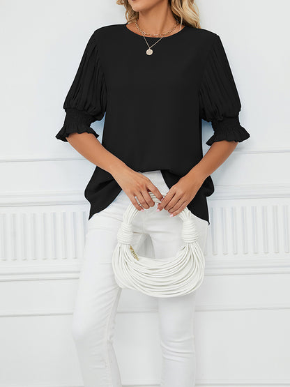 xakxx Loose Puff Sleeves Pleated Solid Color Round-Neck T-Shirts Tops