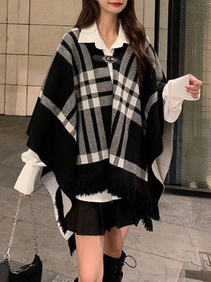 xakxx Long Sleeves Loose Contrast Color Plaid Split-Joint V-Neck Cape