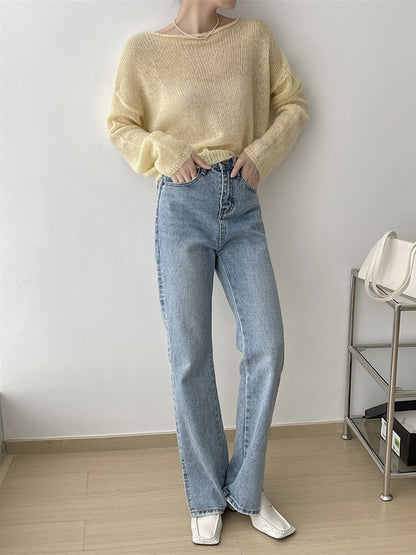 xakxx Gentle Mohair Knitted Loose Long Sleeves Solid Color Thin Sweater Tops