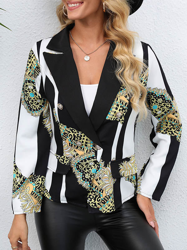 xakxx Long Sleeves Loose Buttoned Pockets Printed Notched Collar Blazer Outerwear