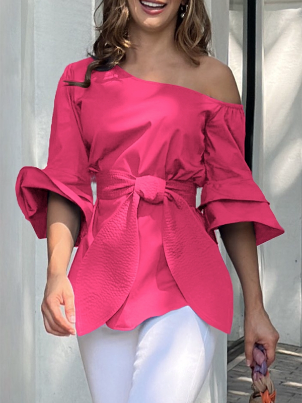 xakxx Flared Sleeves Asymmetric Knot Solid Color One-shoulder Blouses&shirts Tops