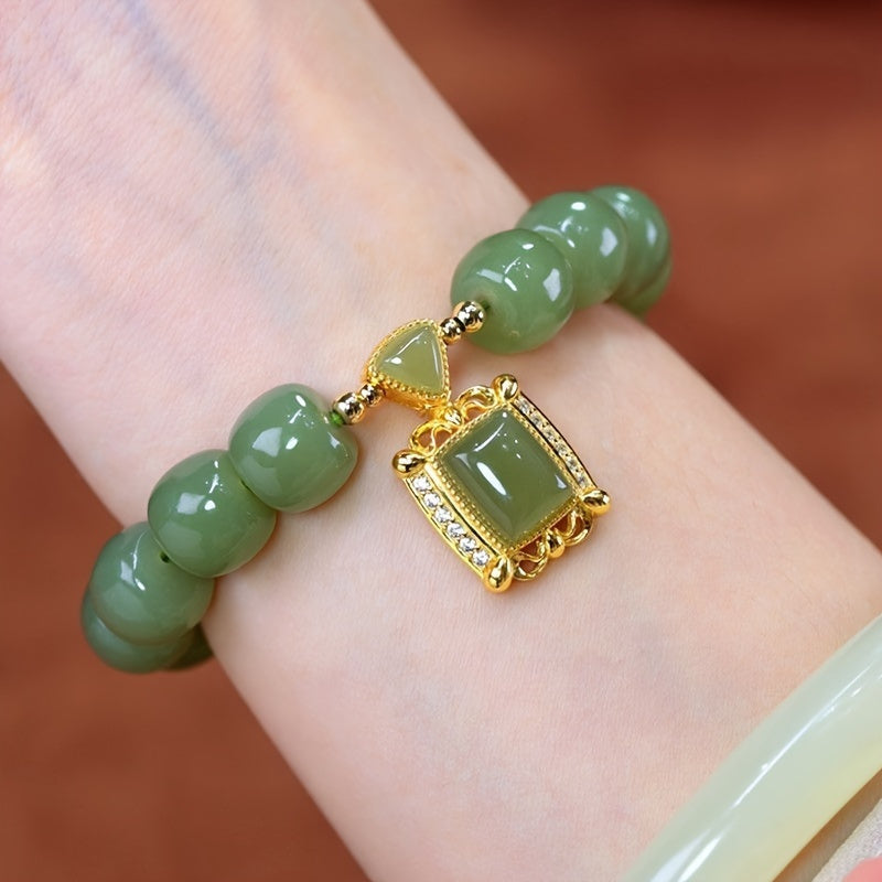 Glamorous Jade Bracelet with Timeless Gold-Plated Pendant - Enhances Inner Beauty and Grace - A Luxurious Gift for Her in Elegant Gift Box