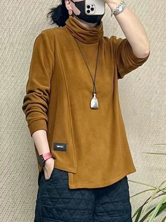 xakxx Long Sleeves Loose Asymmetric Solid Color High Neck T-Shirts Tops