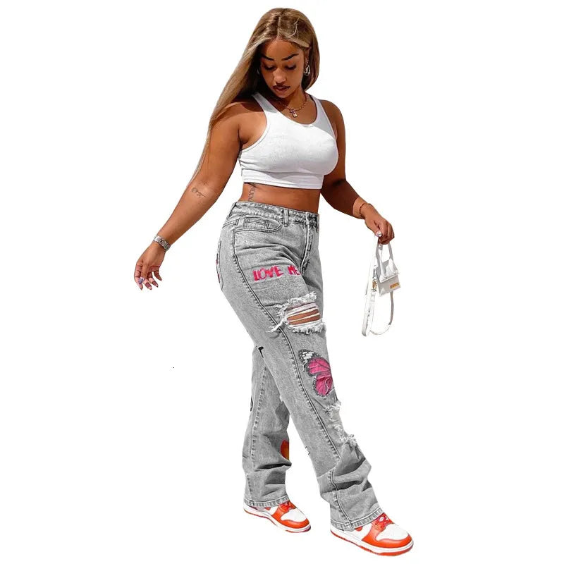 Women's Jeans Designer Fashion Luxury Top Quality S Women Jeans Heart Print Denim Cut Out Distressed For Baddie Clothes Streetwear High Waist Baggy Pants Blue