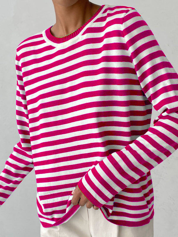 xakxx Long Sleeves Loose Split-Joint Striped Round-Neck Sweater Tops