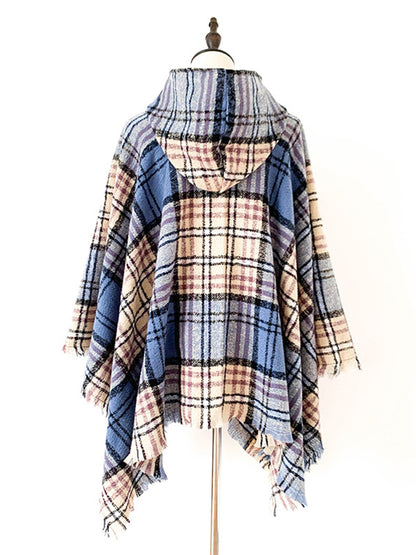 xakxx Fringed Hooded Keep Warm Plaid Cape Shawl&Cloak