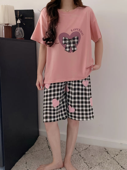 Womens Pajama Set - Adorable Heart & Plaid Bow & Letter Print, Ultra-Casual Loose Fit, Short Sleeve Round Neck Top & Shorts, Comfortable Relaxed Fit for a Restful Sleep - Complete Set for a Coordinated Look