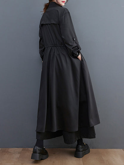 xakxx Loose Long Sleeves Drawstring Split-Joint Lapel Trench Coats