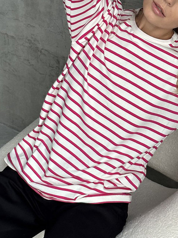 xakxx Long Sleeves Loose Striped Round-Neck T-Shirts Tops