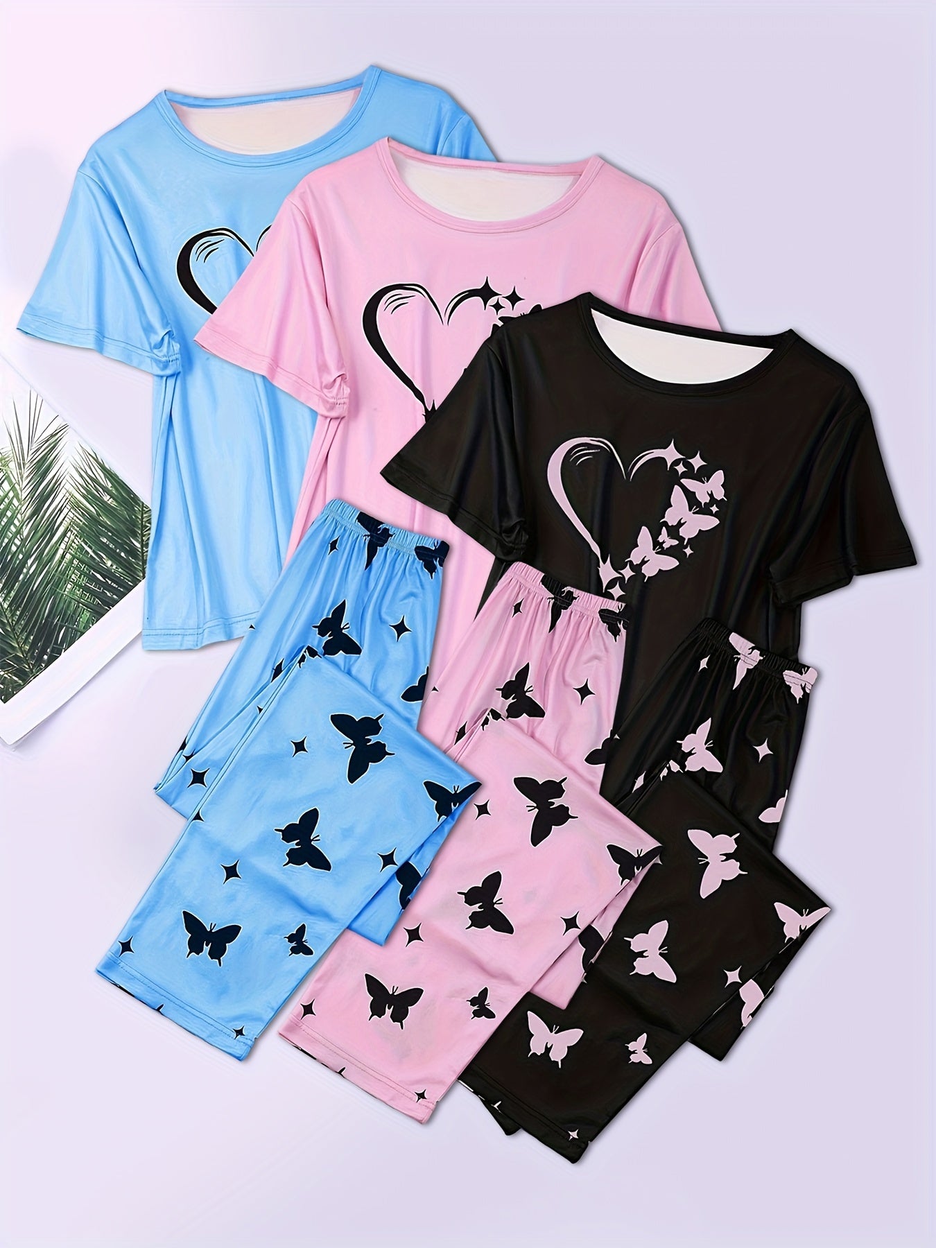 3-Pack Womens Heart Print Pajama Set - Soft Short Sleeve Crew Neck Tops & Elastic Waist Pants for Cozy Sleepwear & Lounging