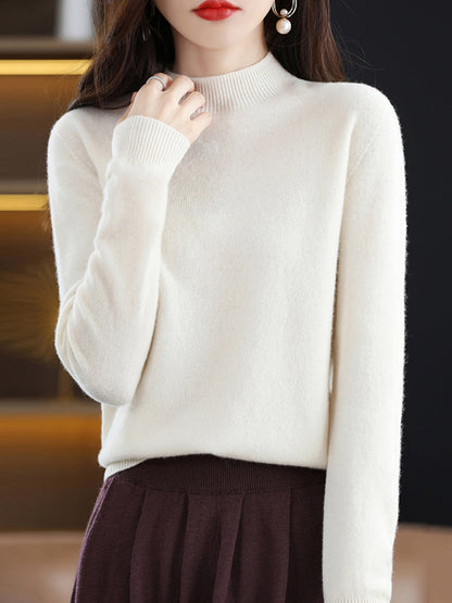 xakxx Office Long Sleeves Solid Color High-Neck Sweater Tops Pullovers