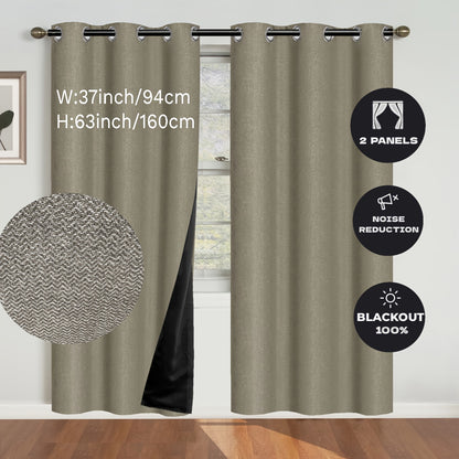 2 Panels Blackout Linen Textured Curtain - Panels with Polyester Coated Insulation, Grommet Top, Bedroom and Living Room Decor, Room Darkening, Energy Saving, and Noise Reducing Functions