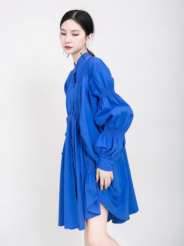 xakxx Blue Loose Pleated Cropped Blouse Dress