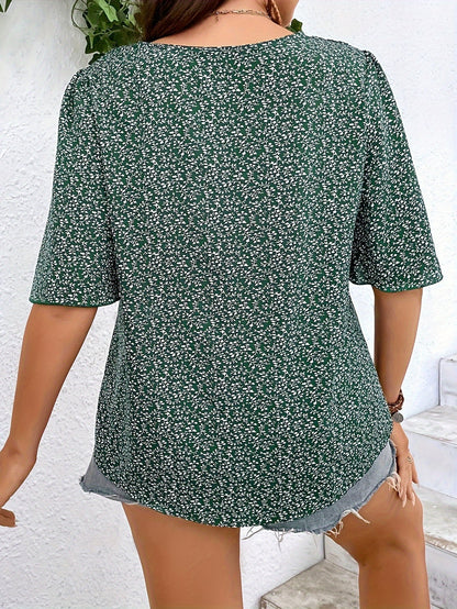 Plus Size Floral Print Blouse - Chic V-Neckline, Comfortable Short Sleeves, Elegant and Sophisticated Design - Perfect for Spring Season, Womens Fashion Clothing