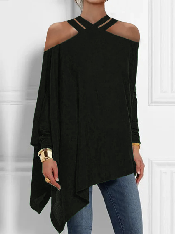 Xakxx - Loose Asymmetric Hollow Solid Color Cold Shoulder Blouses&Shirts Tops