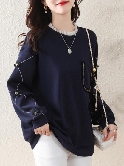 xakxx Long Sleeves Loose Chains Pockets Ruffled Split-Joint Three-Dimensional Flower Round-Neck T-Shirts Tops