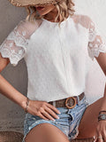 xakxx Loose Lace Short Sleeves See-Through Split-Joint Round-Neck T-Shirts Tops