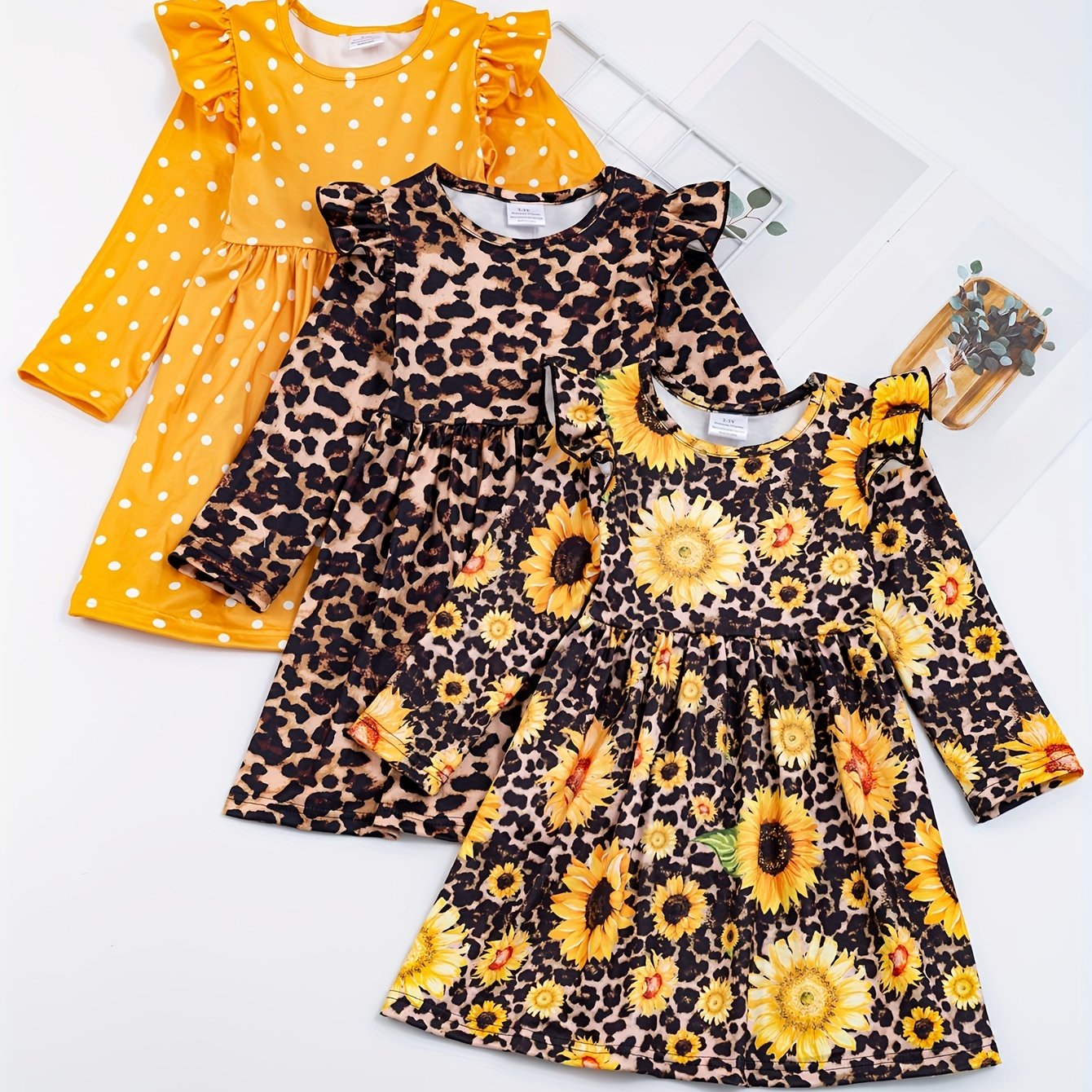 3pcs/set Toddler Girls Ruffled Sleeves Round Neck Polka Dot Leopard And Sunflower Graphic Princess Dress For Party Kids Summer Clothes