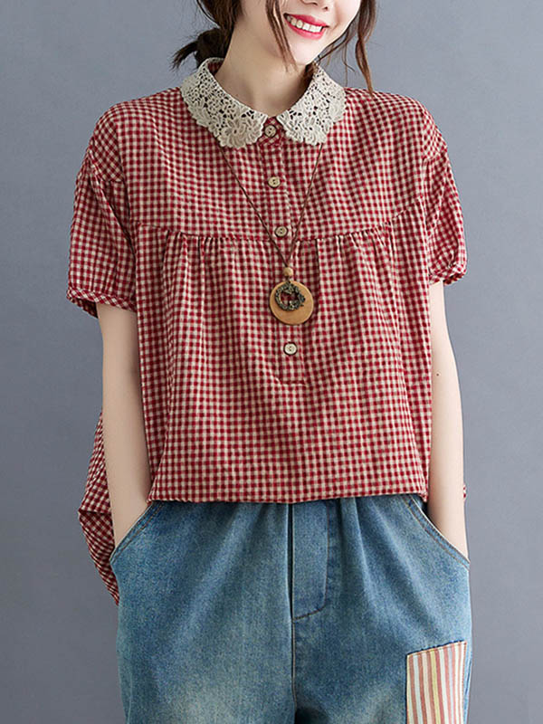 xakxx Cotton Blend Plaid Polo Puff Sleeve T-Shirts Tops