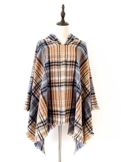 xakxx Fringed Hooded Keep Warm Plaid Cape Shawl&Cloak