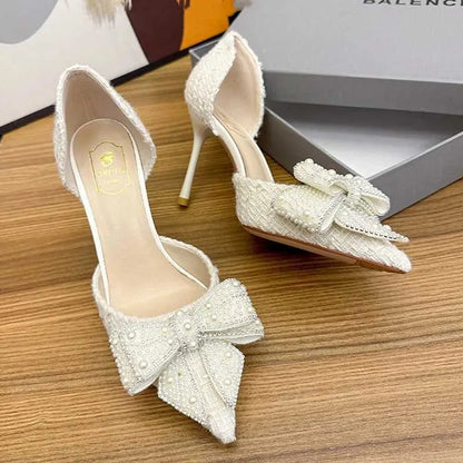 Dress Shoes Luxury Pearl Crystal Bowtie White Wedding Shoes Women  Spring Brand Designer High Heels Pumps Woman Thin Heeled Party ShoesL464