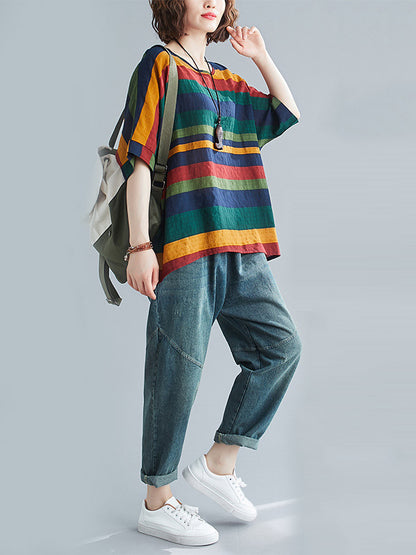 xakxx Rainbow Stripe Batwing Sleeves T-Shirts Tops