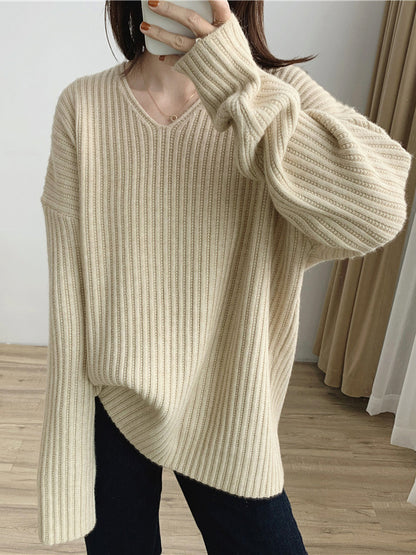 xakxx Casual Long Sleeves Loose Solid Color V-Neck Sweater Tops