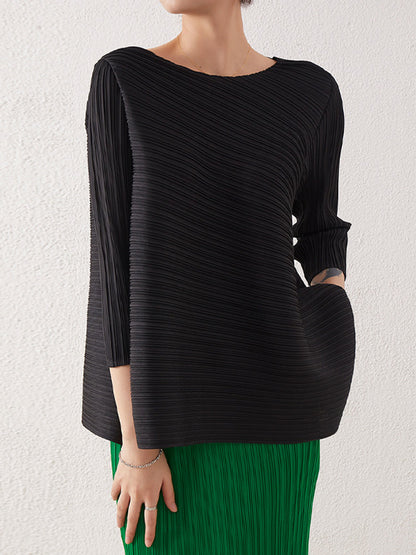 xakxx Simple Three-Quarter Sleeves Loose Pleated Solid Color Round-Neck T-Shirts Tops