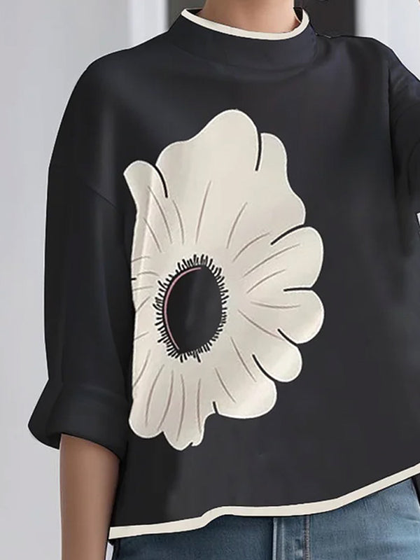 xakxx A-Line High-Low Flower Print Mock Neck T-Shirts Tops