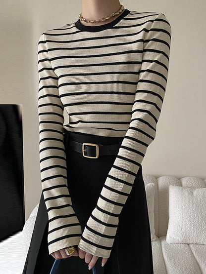 xakxx Long Sleeves Skinny Contrast Color Striped Round-Neck T-Shirts Tops