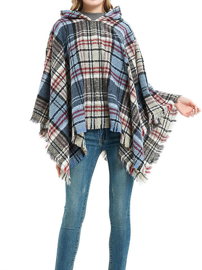 xakxx Fringed Hooded Keep Warm Plaid Cape Shawl&Cloak