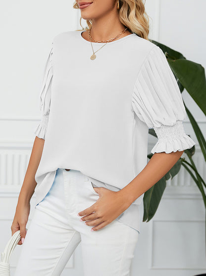 xakxx Loose Puff Sleeves Pleated Solid Color Round-Neck T-Shirts Tops