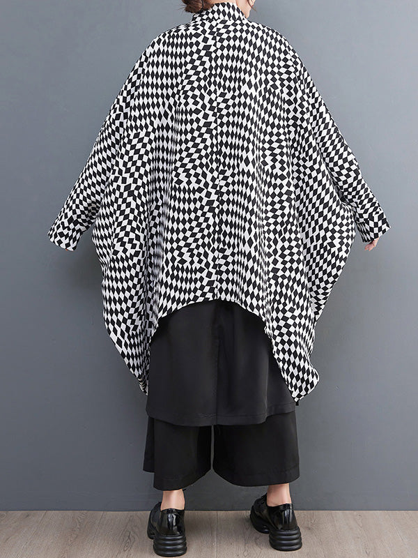 xakxx High-Low Loose Plaid Zipper Stand Collar Outerwear