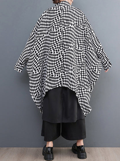 xakxx High-Low Loose Plaid Zipper Stand Collar Outerwear