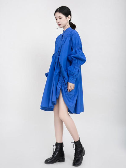 xakxx Blue Loose Pleated Cropped Blouse Dress