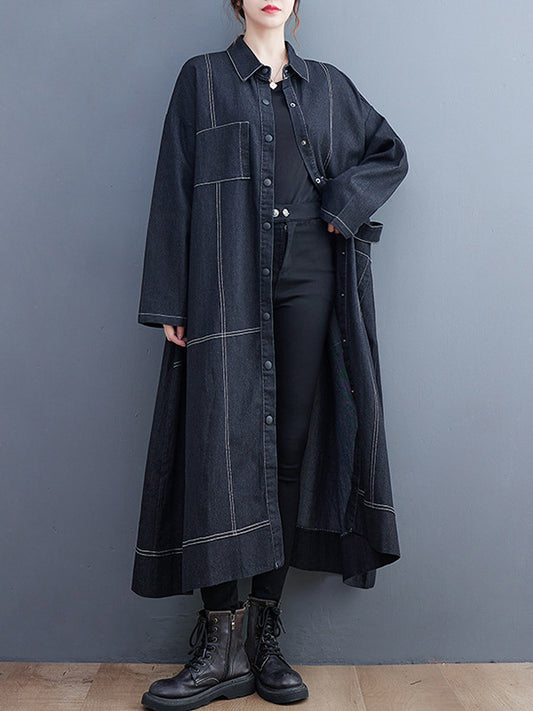 xakxx Casual Loose Long Sleeves Buttoned Lapel Collar Denim Trench Coats