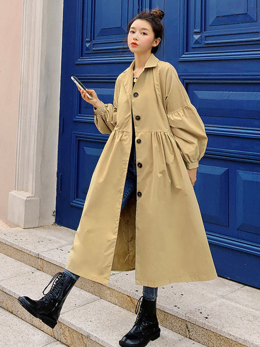 xakxx Casual Lose Tied Buttoned High-Waist Notched Collar Long Bishop Sleeves Trench Coat