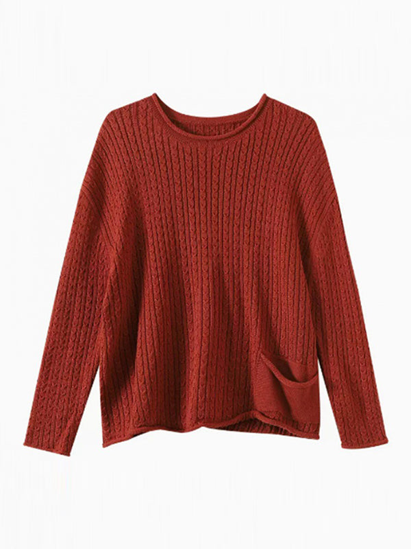 xakxx Artistic Retro Loose Long Sleeves Jacquard Solid Color Round-Neck Sweater Tops