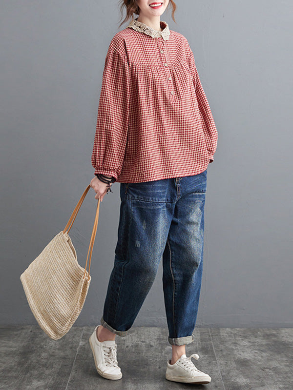 xakxx Plaid Ramie Cotton Plus Szie Long Sleeve Shirts