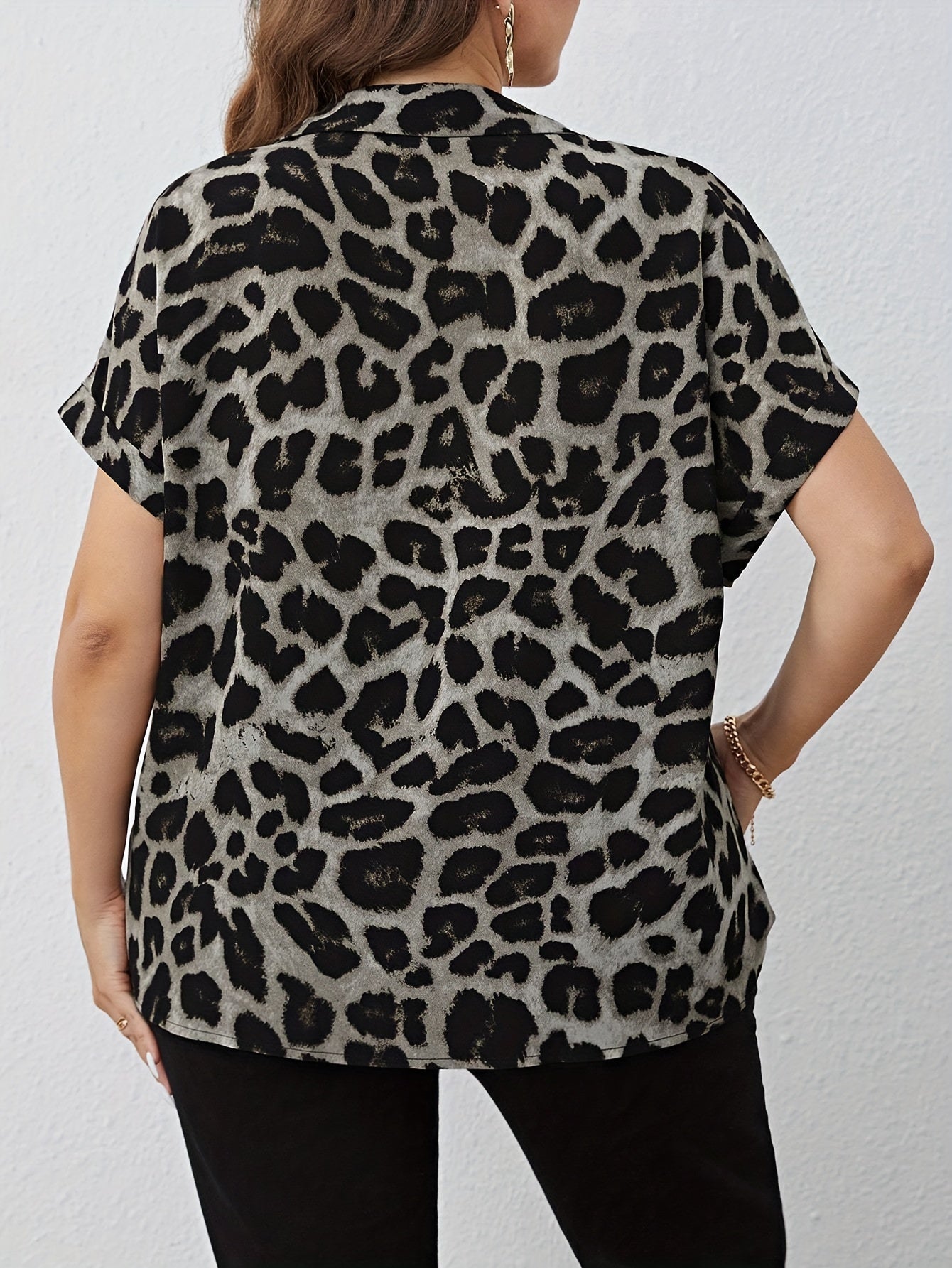 Plus Size Leopard Print Casual Blouse - V-Neck, Button Front, Non-Stretch Polyester Shirting with Turn Down Collar and Bat Sleeves - All-Season Wear, Random Print, Woven Fabric