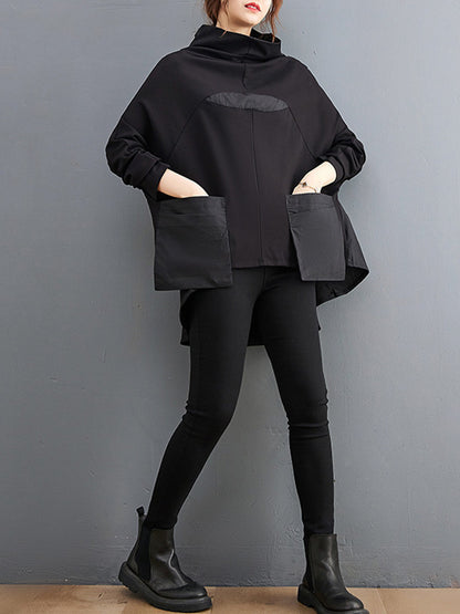 xakxx Casual Loose Split-Joint High-Neck Long Batwing Sleeves T-Shirt