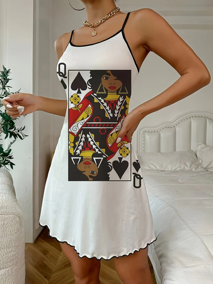 Womens Poker Print Nightgown - Fashionable Casino Chic, Backless Round Neck Slip Dress with Frilly Trim - Soft Sleepwear for Stylish Lounging