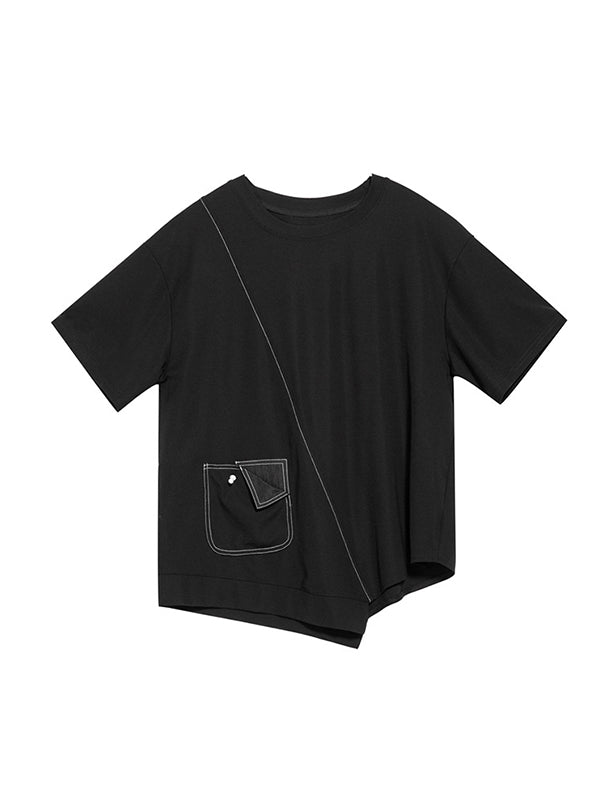 xakxx Loose Short Sleeves Asymmetric Solid Color Split-Joint Round-Neck T-Shirts Tops