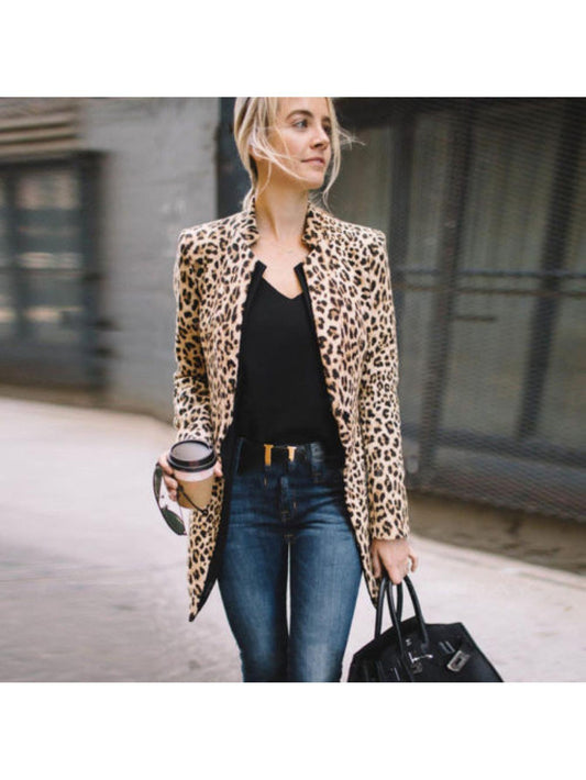 Midi Length Elegant Leopard Print Cotton Coat - Long Sleeve, Micro Elasticity, Machine Washable, Spring/Summer/Fall Wear, Cotton Lining, Random Printing, Buttonless Placket - Stylish Clubwear for Women