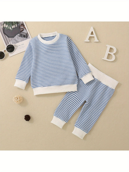 2-Piece Toddler Layette Set - Soft Waffle Stripe Long Sleeve Sweatshirts and Cozy Long Pants for Baby Boys Fall Outfits - 3M-3T Size, Comfortable and Adorable Clothing for Daily Wear