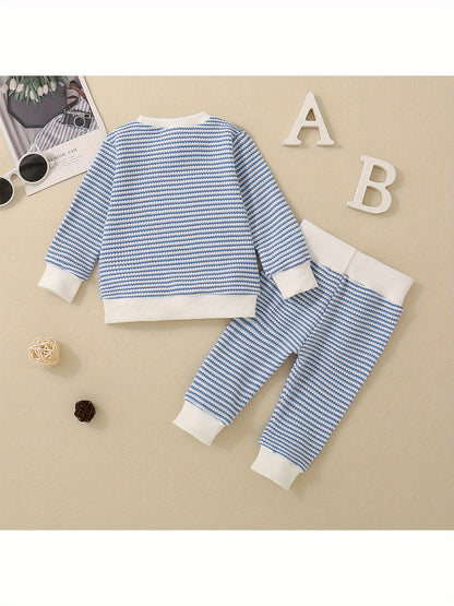 2-Piece Toddler Layette Set - Soft Waffle Stripe Long Sleeve Sweatshirts and Cozy Long Pants for Baby Boys Fall Outfits - 3M-3T Size, Comfortable and Adorable Clothing for Daily Wear