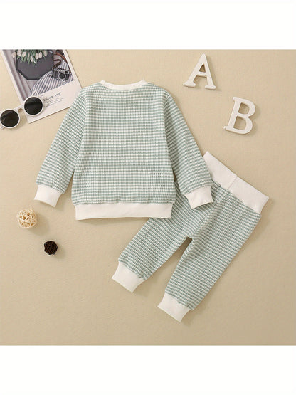 2-Piece Toddler Layette Set - Soft Waffle Stripe Long Sleeve Sweatshirts and Cozy Long Pants for Baby Boys Fall Outfits - 3M-3T Size, Comfortable and Adorable Clothing for Daily Wear