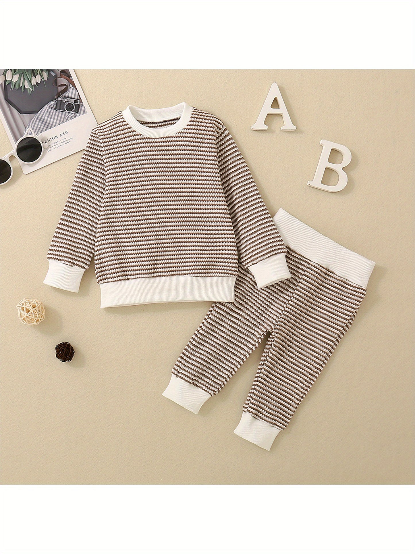 2-Piece Toddler Layette Set - Soft Waffle Stripe Long Sleeve Sweatshirts and Cozy Long Pants for Baby Boys Fall Outfits - 3M-3T Size, Comfortable and Adorable Clothing for Daily Wear