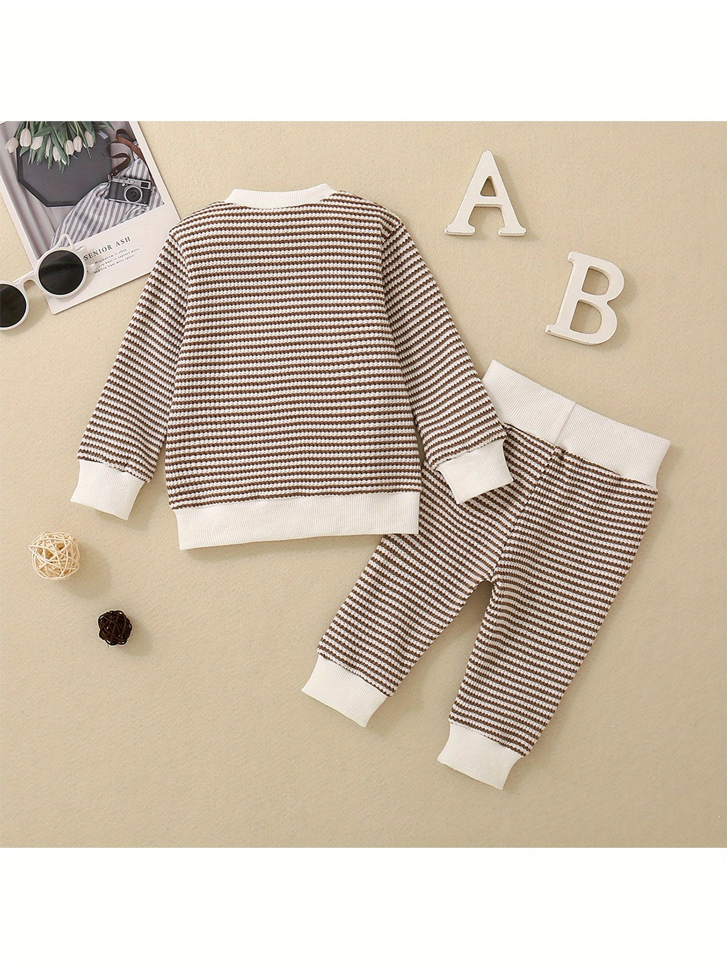 2-Piece Toddler Layette Set - Soft Waffle Stripe Long Sleeve Sweatshirts and Cozy Long Pants for Baby Boys Fall Outfits - 3M-3T Size, Comfortable and Adorable Clothing for Daily Wear