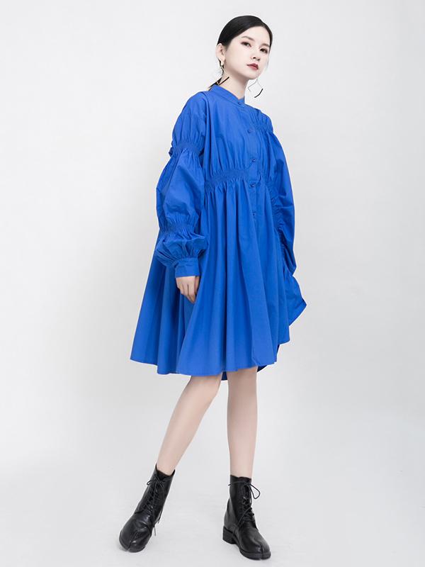 xakxx Blue Loose Pleated Cropped Blouse Dress